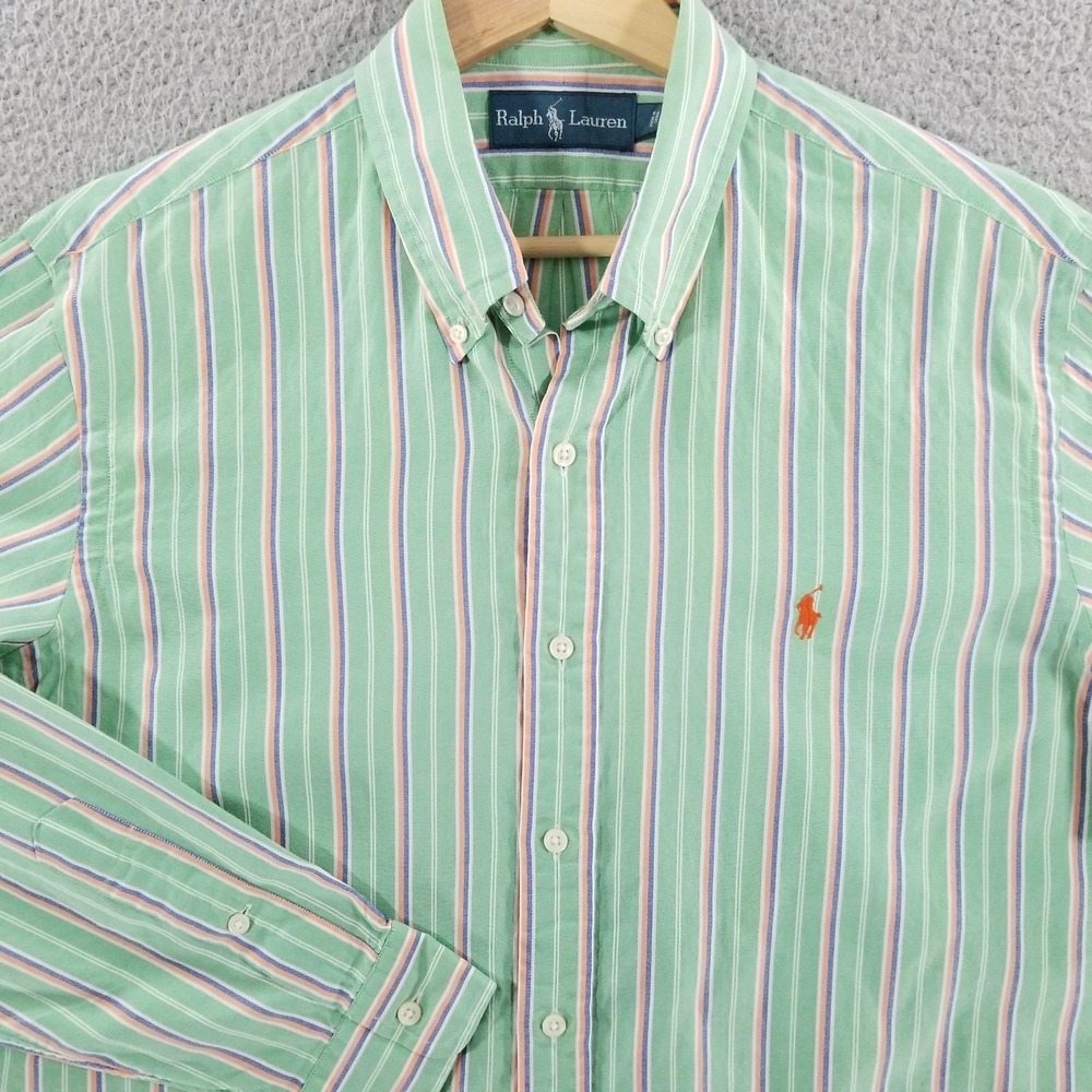 Ralph Lauren Shirt Men Large Green Orange Striped Button Down Lightweight Dress